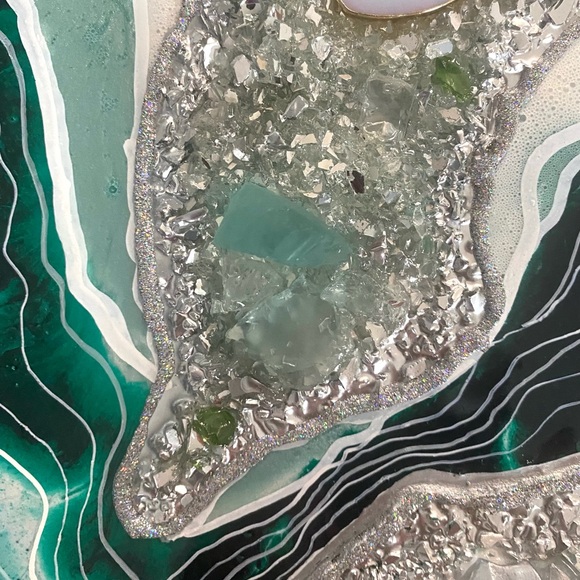 12x12 Resin Geode Painting, Deep green, silver and white on canvas panel - Picture 4 of 6